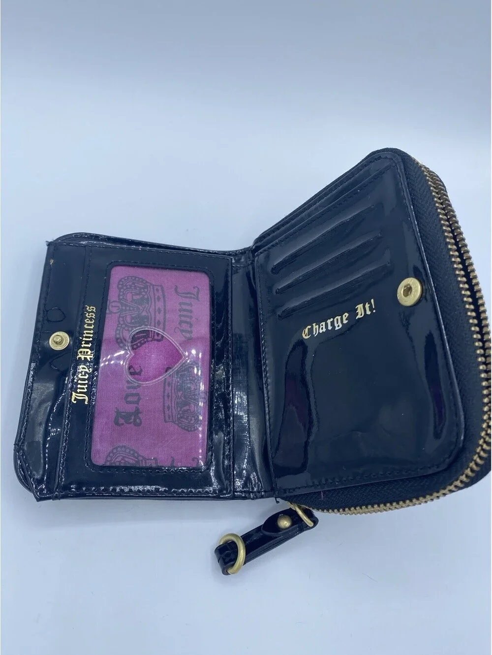 Juicy Couture Velour Wallet Black Pink Inside Logo Zip Card Holder Keychain Y2K